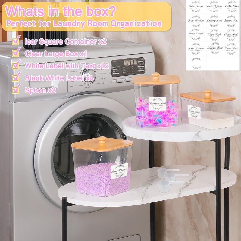 efluky 2 Pack Laundry Pods Container & Dryer Sheet Holder Set,Clear Laundry Room Organization Containers with Bamboo Lids and Labels,Laundry Pods Holder for Scent Booster,Powder,Pod - Image 3